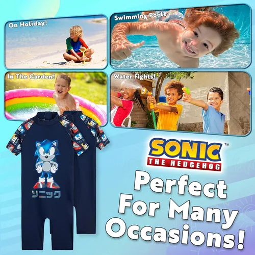 Vista 4 de Sonic The Hedgehog Disfraz de natación para niños, esenciales para vacaciones de verano, trajes de baño para niños de 3 a 10 años