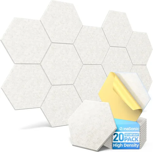 Vista 9 de Paquete de 12 paneles acústicos hexagonales con autoadhesivos, paneles de espuma a prueba de sonido de 12 x 10 x 0.4 pulgadas para paredes, paneles