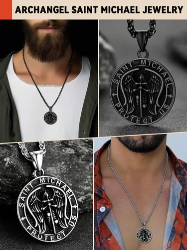 Vista 3 de FaithHeart Saint Michael Necklace, Stainless Steel18K Gold Plated St Michael the Archangel Pendant Amulet for Men Women with Gift Packaging