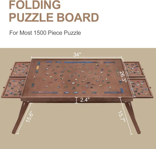 Vista 2 de TEAKMAMA - Mesa de rompecabezas de 1500 piezas con 4 cajones para adultos, color marrón Rompecabezas de madera plegable con patas, con cubierta