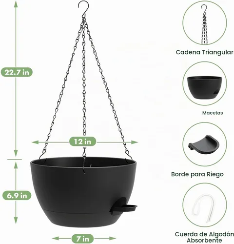 Vista 2 de Paquete de 2 12 macetas colgantes con cadenas, macetas de plástico de riego automático para plantas de interior y exterior, diseño de cadena de Negro