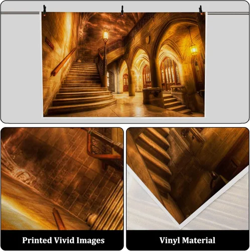 Vista 3 de AOFOTO Telón de fondo interior de castillo medieval vintage de 5 x 3 pies, columnas de arco retro, fondo de fotografía, escalera antigua, luz tenue