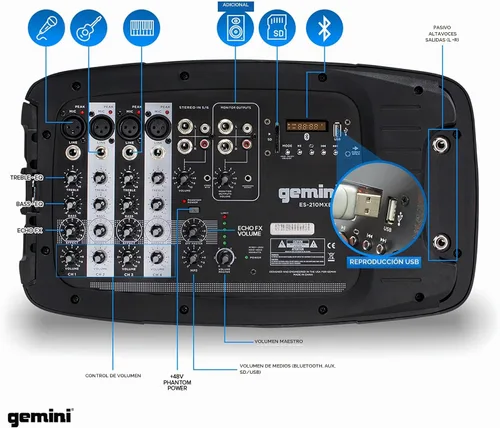 Vista 5 de Gemini ES-210MXBLU con bluetooth, sistema PA portable con mezclador de alimentación desmontable.