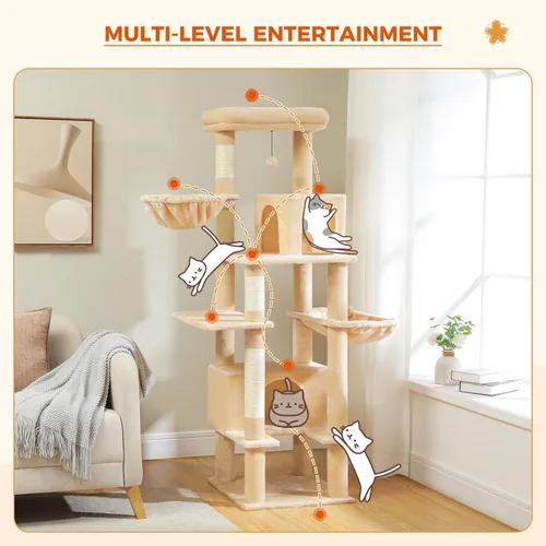 Vista 7 de PEQULTI Árbol para gatos de interior de 66 pulgadas, torre grande para gatos con poste rascador cubierto de sisal, hamaca de metal súper grande