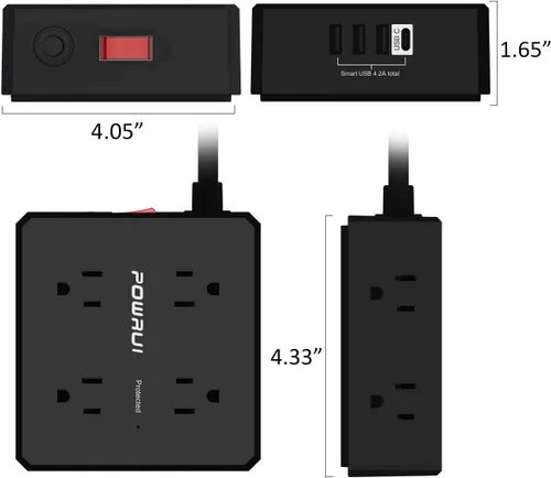 Vista 7 de Regleta protectora de sobretensiones – Cable de extensión de enchufe plano de 6 pies con 8 tomas amplias y 4 puertos USB (1 USB C), extensor de Negro