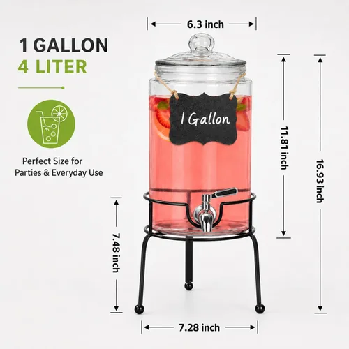 Vista 7 de Dispensador de bebidas de 1 galón, 1 paquete, dispensador de bebidas de espita de acero inoxidable para fiestas con soporte, recipiente de vidrio