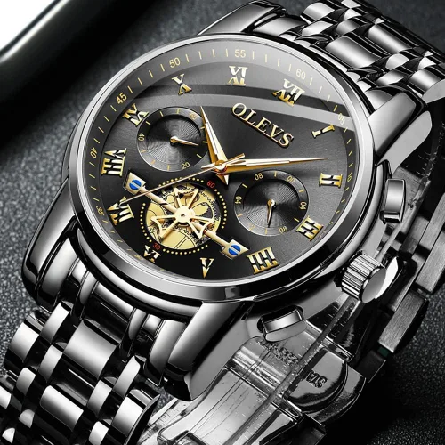 Vista 5 de Relojes clásicos de acero inoxidable para hombre, cronógrafo de cuarzo, luminoso, hueco Tourbillon, reloj de vestir casual de negocios para hombres