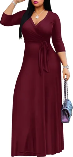 Vista 3 de FANDEE - Vestido largo de verano para mujer, unicolor, bohemio con cuello en V y manga 34