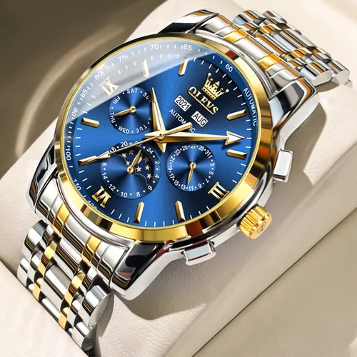 Vista 2 de OLEVS Watch Men Automatic Self Winding Watches for Men Stainless Steel Mechanical Diver Large Dial Skeleton Classic Waterproof Diamond Date Men's