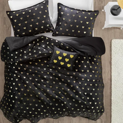 Vista 4 de Intelligent Design Rosalie - Juego de edredón tamaño individual, 3 piezas con corazones metálicos para niñas, juego de cama individual de felpa