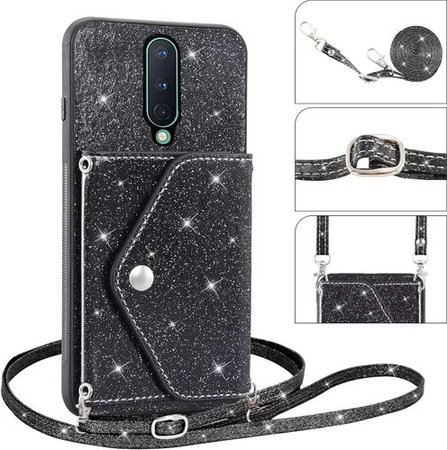 Vista 5 de Asuwish Funda para teléfono OnePlus 8 OnePlus8 5G UW Tmobile con protector de pantalla y correa cruzada, cordón para tarjetas con purpurina Negro
