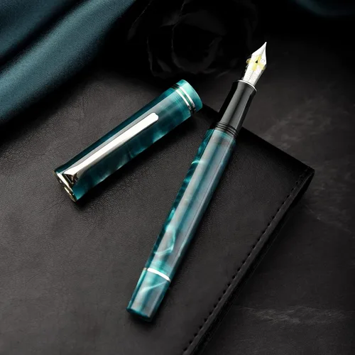 Vista 9 de HONG DIAN N2 - Pluma estilográfica, punta fina de iridio, diseño acrílico azul turquesa, bolígrafo de escritura suave con convertidor y juego