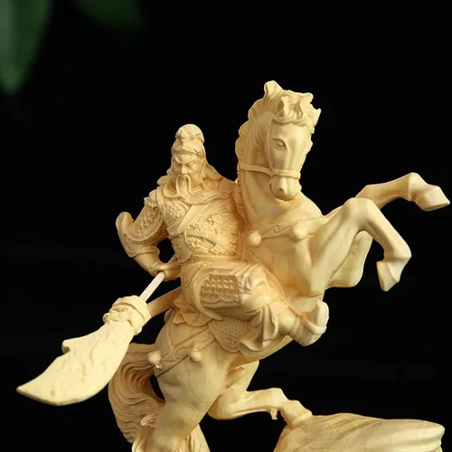 Vista 6 de Estatua de Guan Gong de madera tallada a mano, escultura de Feng Shui Dios de la riqueza Guan Yu para decoración del hogar y la oficina