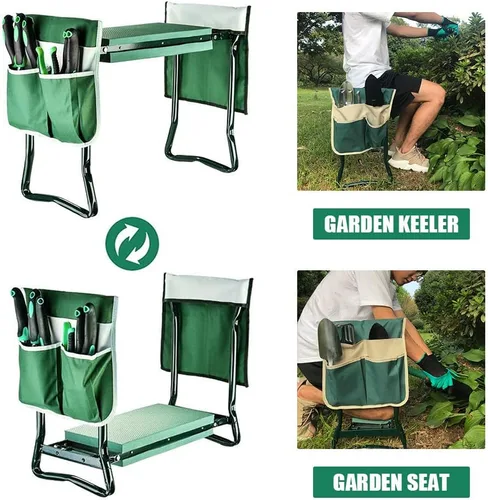 Vista 3 de Taburete plegable de jardín resistente con guantes de bolsillo extraíbles grandes y almohadilla de EVA suave para amantes de la jardinería