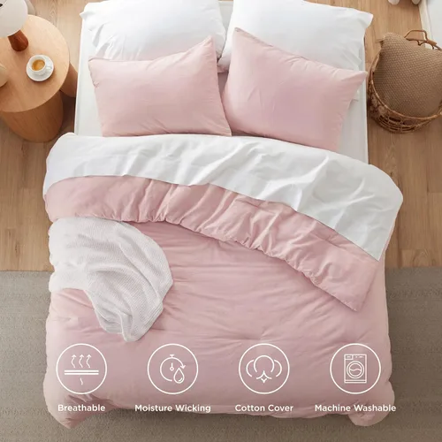 Vista 4 de Bedsure Juego de edredón de tamaño matrimonial, tela de algodón con relleno interior de microfibra, juego de cama suave PureWoven rosa claro
