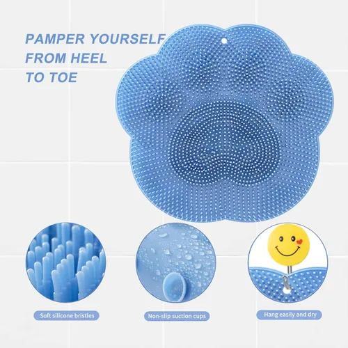 Vista 6 de Depurador de pies en ducha, tapete de silicona para pies de ducha, depurador de pies de silicona con ventosas, tapete de baño con gancho de Azul