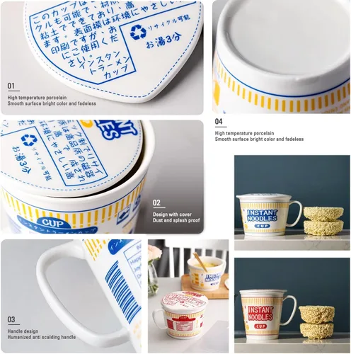 Vista 6 de Cuenco de fideos instantáneos de cerámica con tapa, taza creativa para sopa de ramen, cuenco para almuerzo para estudiantes (color azul, tamaño: S)