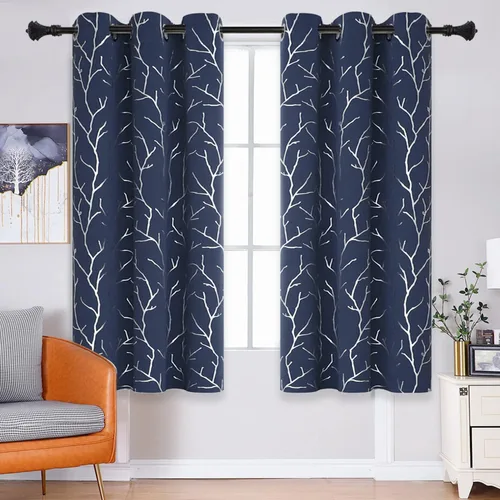 Vista 78 de BUHUA Cortinas pequeñas para ventana de 36 pulgadas de largo, 2 paneles, cortinas opacas con elegantes ramas de árbol plateadas, cortinas de bloqueo