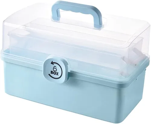 Vista 3 de Sooyee Organizadores y almacenamiento de manualidades, caja de plástico con bandeja plegable de 3 niveles, organizador de almacenamiento