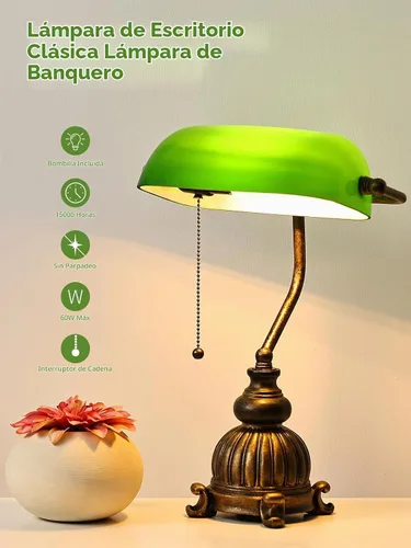 Vista 4 de Lámpara de escritorio retro de cristal verde Bankers, bombilla LED