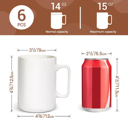 Vista 4 de ComSaf Juego de 6 tazas de café de cerámica, taza de café grande de 14 onzas, taza de té para oficina y hogar, taza de porcelana con asa