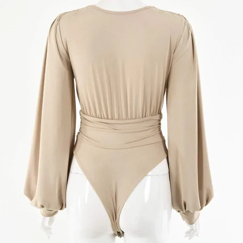 Vista 4 de Weigou - Body o enterizo de manga larga con cuello en V, plisado, holgado, para mujer, camisas de leotardo