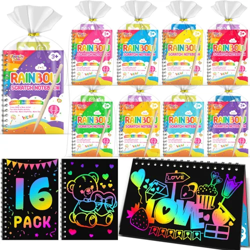 Vista 13 de Recuerdos de fiesta para niños: paquete de 4 cuadernos de arte de rascar arcoíris para estudiantes, regalos a granel para aula para niñas y niños