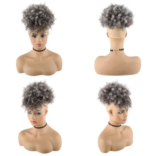 Vista 2 de CINHOO Extensiones de cabello con cola de caballo gris para mujeres negras, cola de caballo sintética con cordón, cola de caballo sintética corta