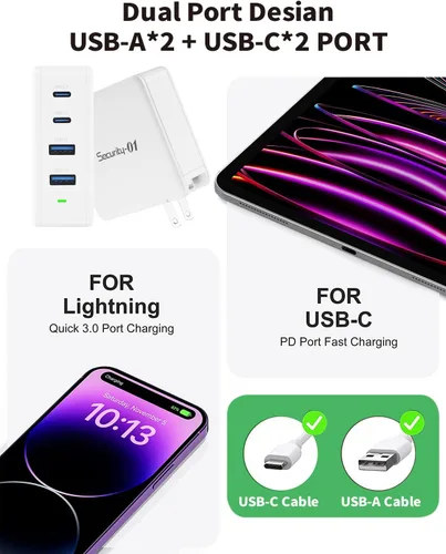 Vista 3 de Cargador USB C de 100 W, cargador de pared rápido Security-01 de 4 puertos GaN PD, compatible con MacBook Pro, MacBook Air, iPhone 14 13 Pro, Steam