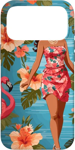 Vista 22 de iPhone 12 Pro Max Vintage Tiki Design - Funda hawaiana retro de flores hula y flamencos