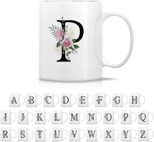 Vista 9 de Retreez Ramo botánico floral inicial A-Z con monograma, taza con monograma de cerámica de 11 onzas, regalo de agradecimiento de agradecimiento
