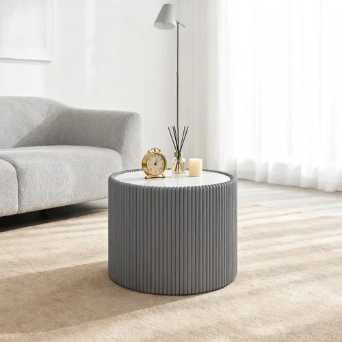 Vista 12 de Mesa auxiliar redonda moderna, mesa auxiliar de sofá de mármol sintético con base cubierta de cuero sintético en forma de cuenco, mesa auxiliar En