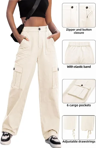 Vista 4 de Zmpsiisa Pantalones cargo de cintura alta, para mujer, pantalones informales de pierna ancha, 6 bolsillos, pantalones militares de combate