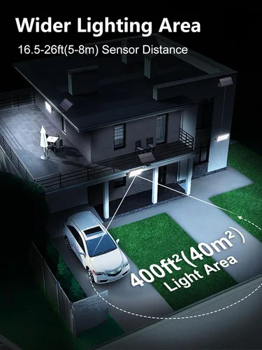 Vista 11 de 400 luces solares LED para exteriores, 3 modos y control remoto, sensor de movimiento, luz al aire libre, luces de inundación solares impermeables