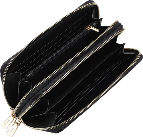 Vista 3 de Cartera de piel vegana con doble cremallera y correa de sujeción de mano, Chevron Bordado Negro