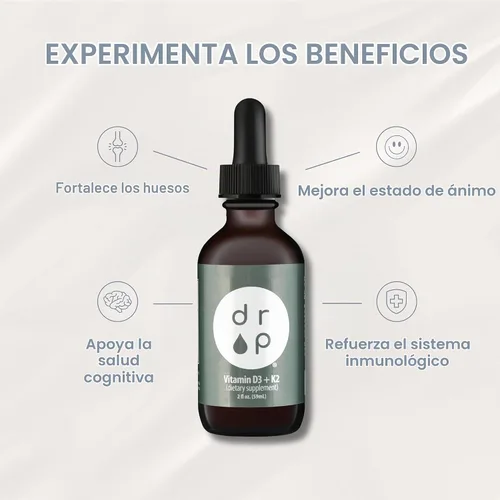 Vista 3 de Drop Vitamina D3 + K2 gotas líquidas, 1000 UI Vegan D3 de liquen, 45 mcg K2 (MK-4 y MK-7), con aceite de coco MCT orgánico, apoyo óseo e