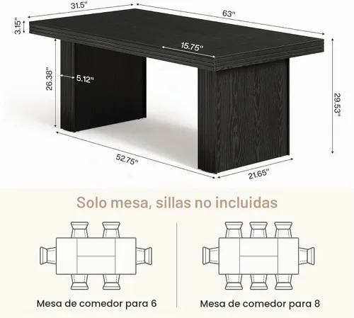 Vista 2 de Tribesigns Mesa de comedor de granja de 63 pulgadas para 6, mesa de cocina moderna con línea acanalada para comedor, sala de estar, color negro