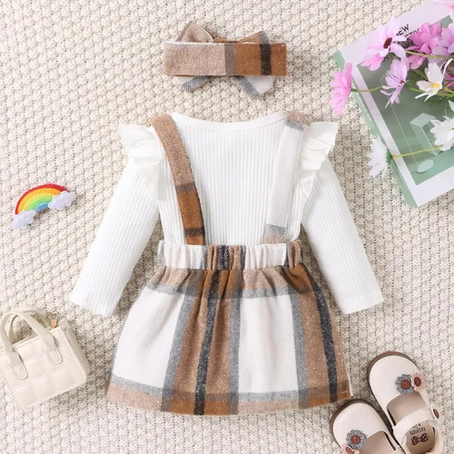 Vista 4 de Baby Girl Long Ruffle Sleeve Romper Button Plaid Suspender Skirt Adjustable Strap Suspender Skirt Headband Set