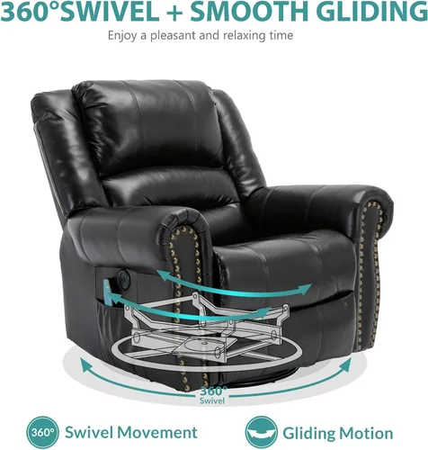 Vista 4 de MEETWARM Sillón reclinable giratorio de masaje con calor y vibración, mecedora manual mecedora, silla reclinable giratoria de 360° con control