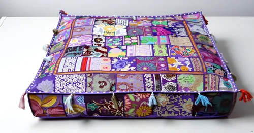 Vista 34 de CRAFT KALA Funda de Puf Tradicional de Retazos Cuadrada India Pufs de Sala de Estar India Otomana de Diseñador Bordada Decorativa Hogar Vida Rosa