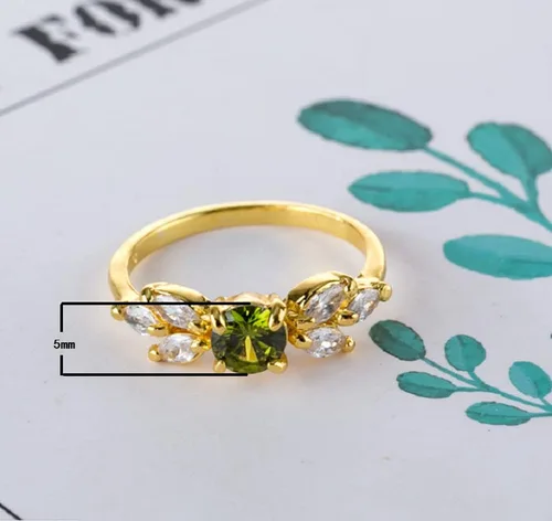 Vista 3 de Anillo de boda con piedras preciosas verdes, chapado en oro de 14 quilates, anillo de compromiso de esmeralda simulada, anillo pequeño de promesa