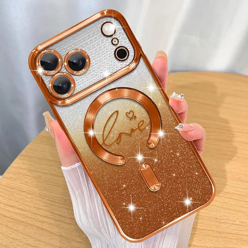 Vista 45 de ZIYE - Funda magnética diseñada para iPhone 13 con purpurina, color negro Luxury Plating Love Heart Compatible with MagSafe Camera Protection