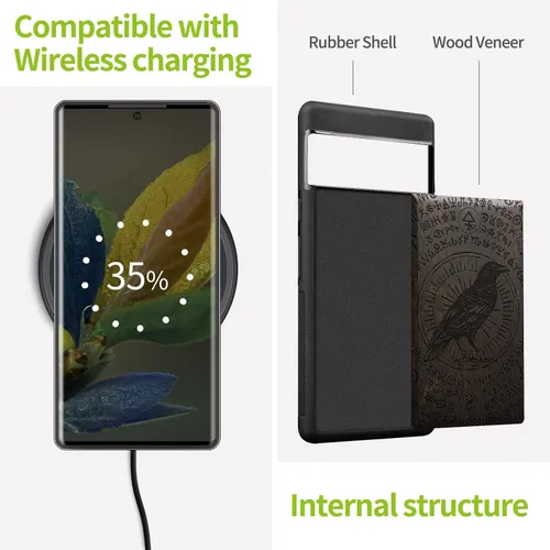 Vista 5 de Carveit Funda de madera para Pixel 6 Pro [madera natural y TPU suave negro] a prueba de golpes, funda de madera única compatible con Google Pixel 6