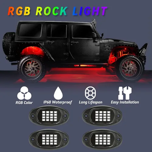 Vista 4 de 4 vainas RGB LED Rock Lights, kit multifunción de neón bajo el brillo del coche luces LED de roca intermitentes modo de música rueda luz debajo