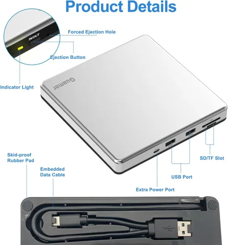 Vista 8 de Guamar Unidad de CD externa para Mac: Reproductor de quemador de DVD portátil para PC portátil con Windows 11 con ranura SD/TF 2 puertos USB - USB-C