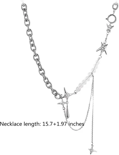 Vista 2 de Y2k - Collar irregular con dije de estrella, piedra de luna, diseño de cadena de moda, joyería de plata picante para mujer