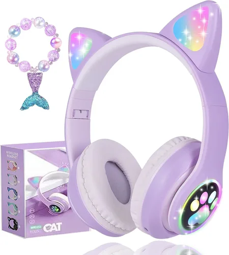Vista 6 de Auriculares inalámbricos para niños y niñas con orejas de gato, LED que brillan con luces Bluetooth con micrófono para Negro
