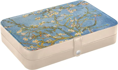 Vista 7 de innewgogo Van Gogh - Joyero pequeño con diseño de flor de almendra, organizador de joyas de piel sintética, organizador de aretes de viaje para novia