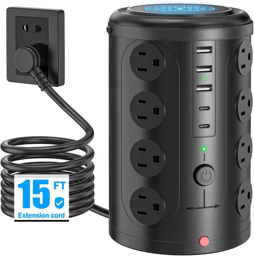 Vista 9 de Regleta de alimentación con protector de sobretensiones de torre (16 salidas de CA + 5 puertos USB incluyendo 2 tipos C), cable de extensión de 5