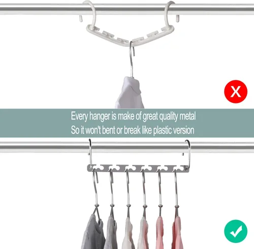 Vista 3 de Meetu - Perchas de ahorro de espacio multi funcionales para ropa de acero inoxidable, 6 x 2 ranuras para colgar en cascada, gancho actualizado